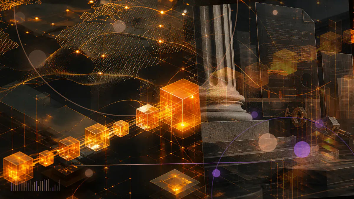 Conceptual illustration of a Bitcoin symbol beside an exchange filing and institutional market grid