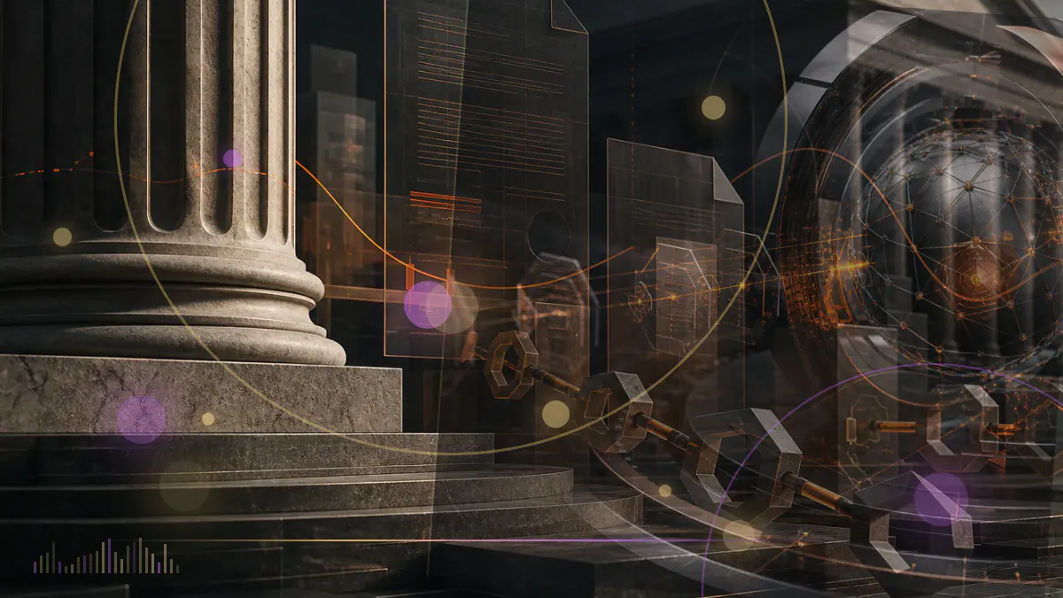 Conceptual illustration of a regulated stock-exchange matching engine connecting to blockchain settlement rails for tokenized shares