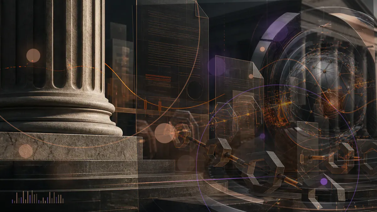 Conceptual illustration of a secured digital-asset vault beneath the columns of a federal regulatory institution