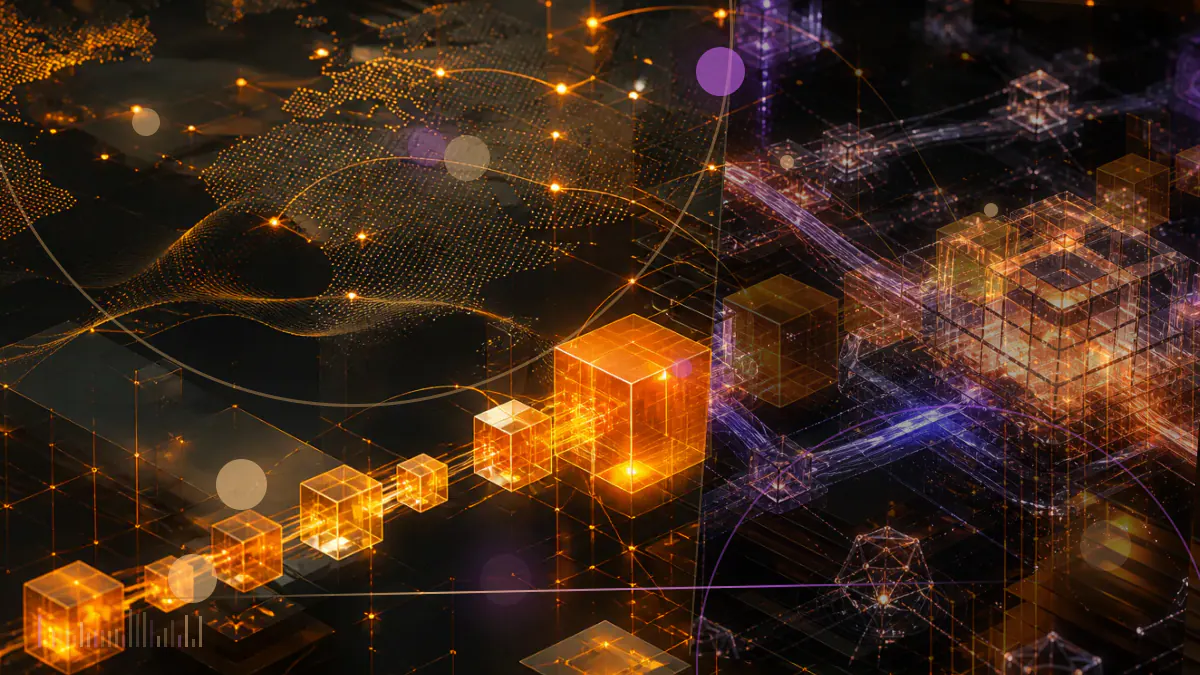 Conceptual illustration of a federal banking ledger intersecting with cryptocurrency tokens and a distributed blockchain network