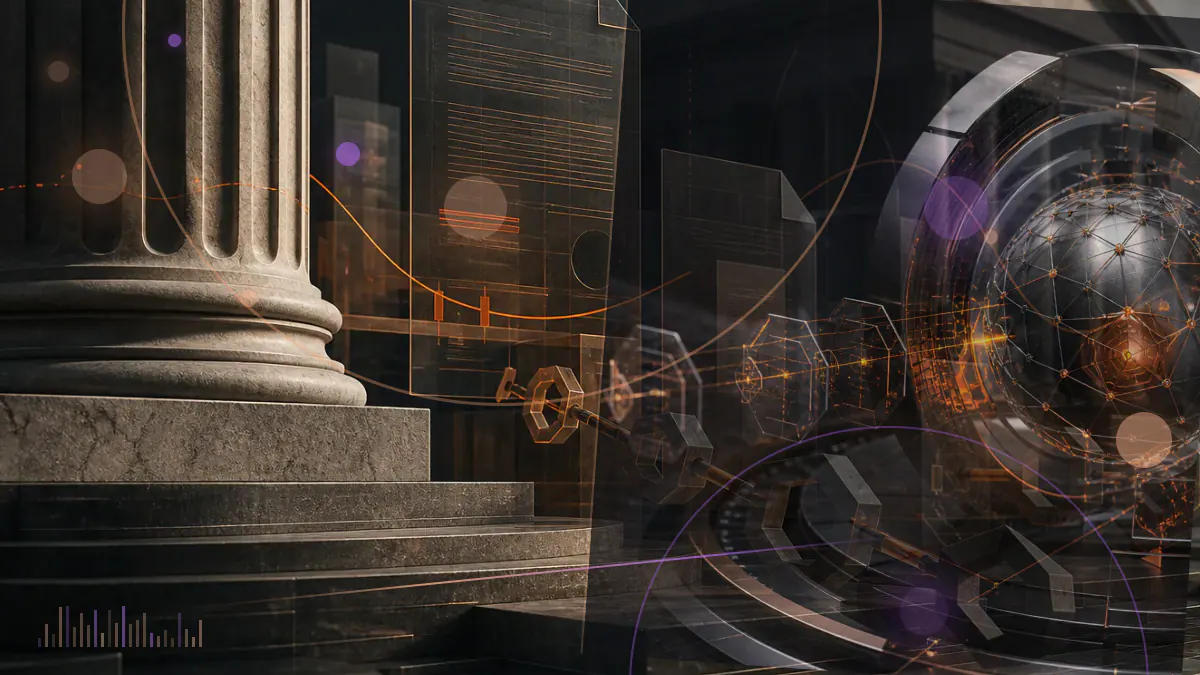 Conceptual illustration of a regulated bank gateway connecting traditional finance with digital-asset networks