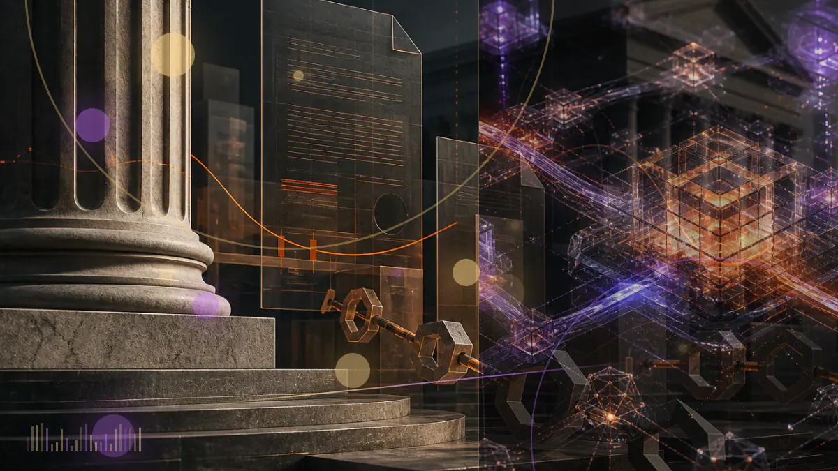 Conceptual illustration of five digital-asset firms entering a federal trust-bank framework under OCC oversight