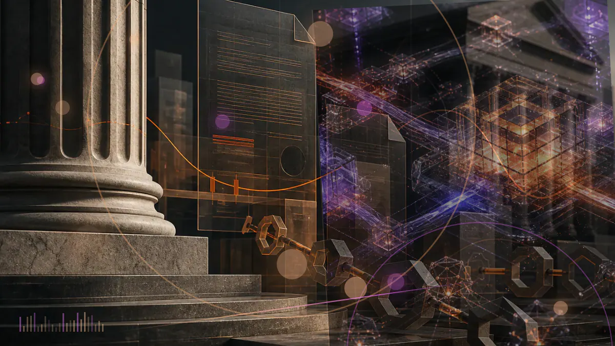 Conceptual illustration of a federal bank regulator examining a fractured stablecoin network separated from the traditional banking system