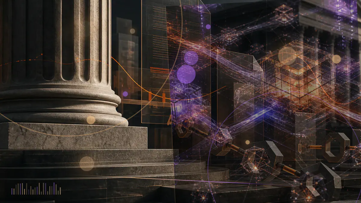 Conceptual illustration of a federally chartered bank vault safeguarding cryptographic private keys beside a digital-asset ledger