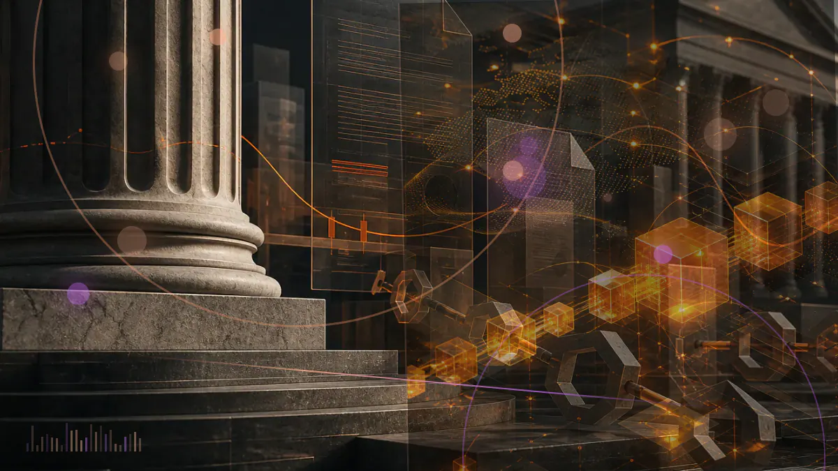 Conceptual illustration of a digital-asset network intersecting with a government sanctions document and compliance boundary