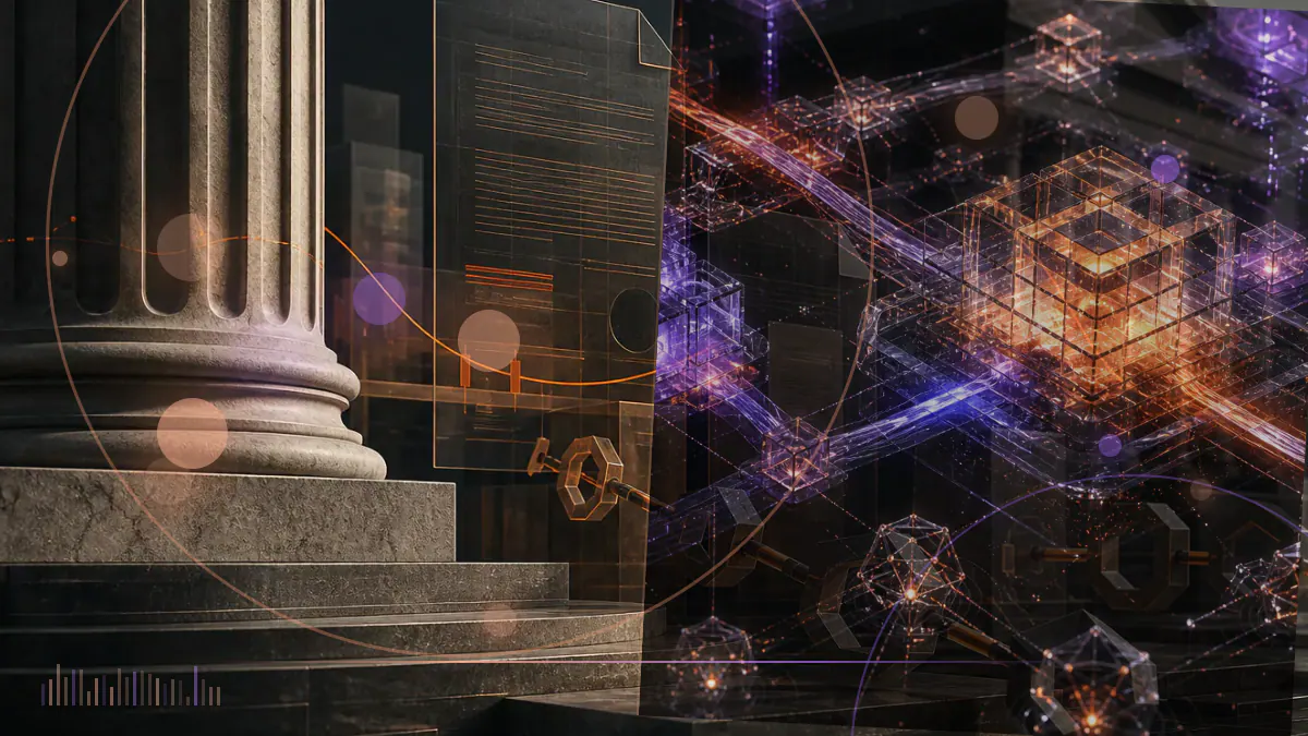 Conceptual illustration of three Ethereum wallet identifiers entering a United States sanctions-screening ledger beside a cross-chain bridge