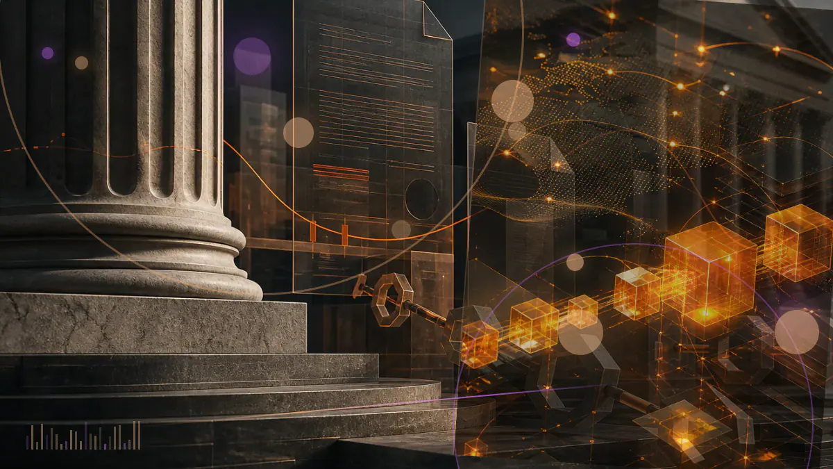 Conceptual illustration of a cryptocurrency exchange gateway facing U.S. court, registration and anti-money-laundering controls