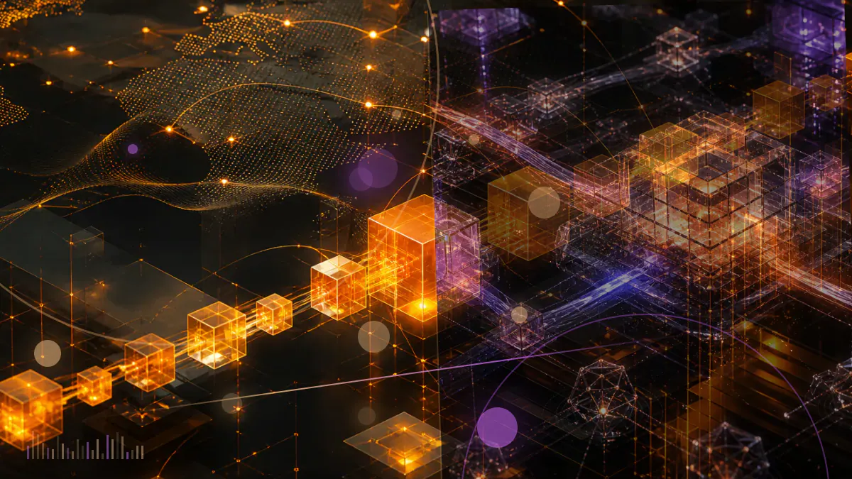 Conceptual illustration of a Bitcoin block passing through synchronized Ordinals and BRC-20 indexers connected to an exchange