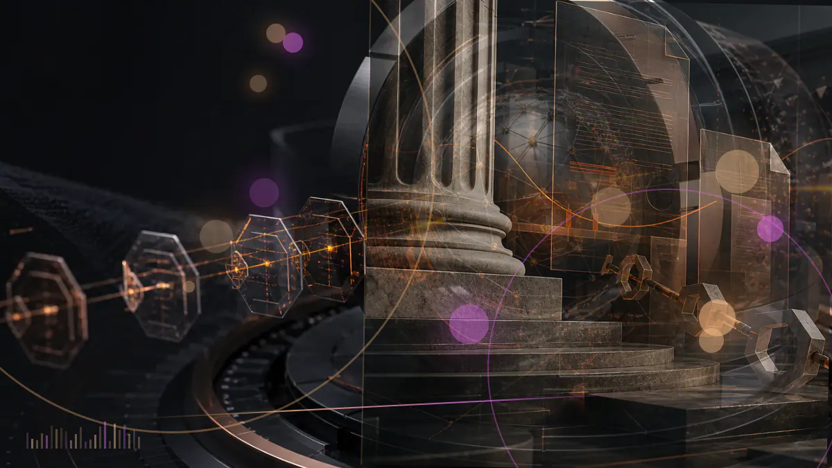 Conceptual illustration of nine corporate share certificates stopping before a blockchain-based trading venue