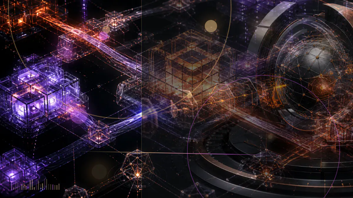 Conceptual illustration of tokenized stock certificates moving between a traditional exchange and blockchain liquidity pools