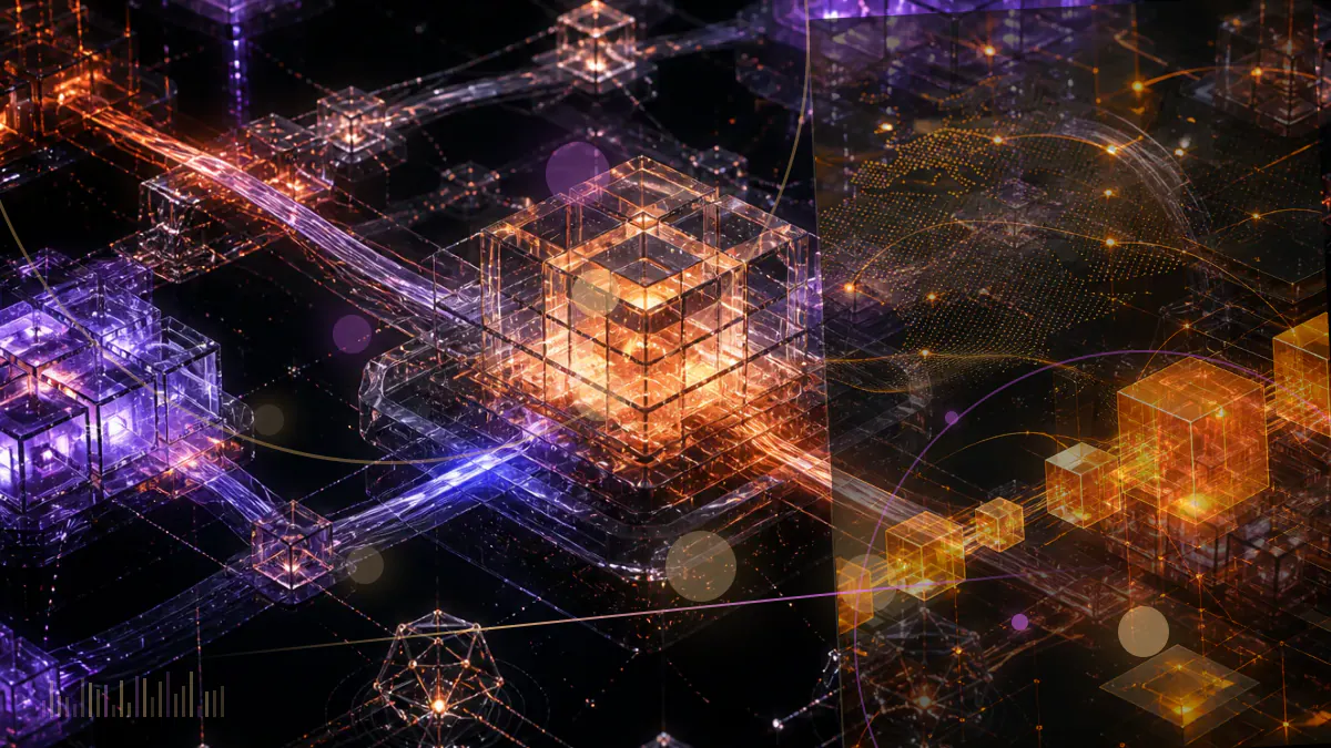 Conceptual illustration of digital fund tokens connecting to a traditional financial transaction network.