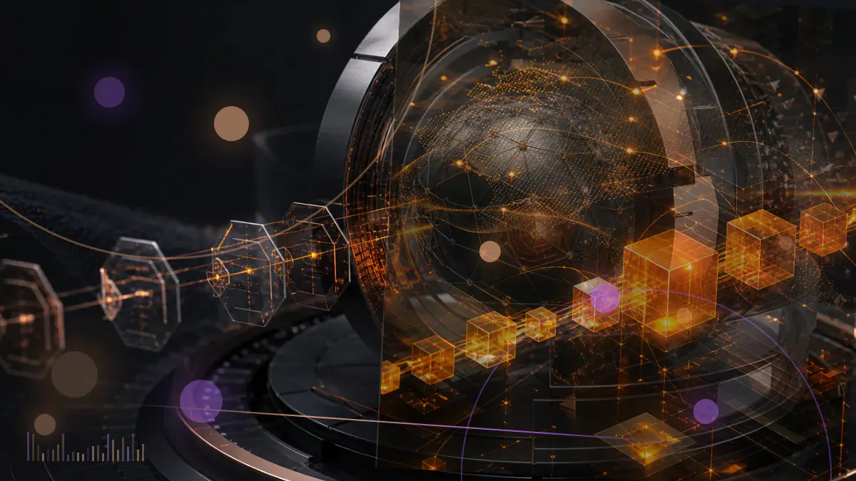 Conceptual illustration of a dollar-backed digital token connecting payment infrastructure across four blockchain networks