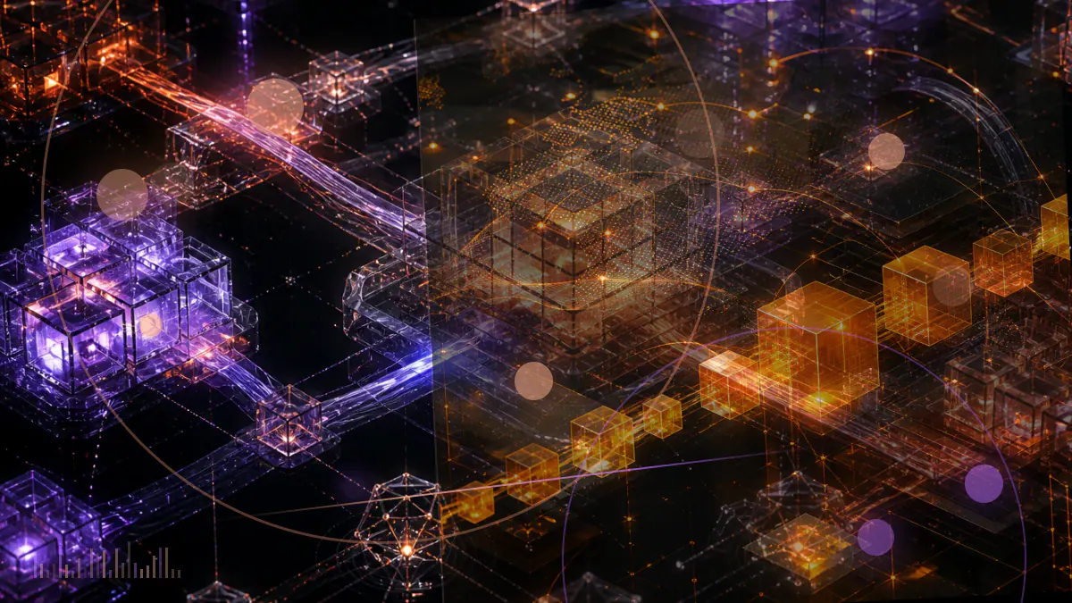 Conceptual illustration of an NFT marketplace gateway rising beside institutional funding blocks marked $300 million and $13.3 billion