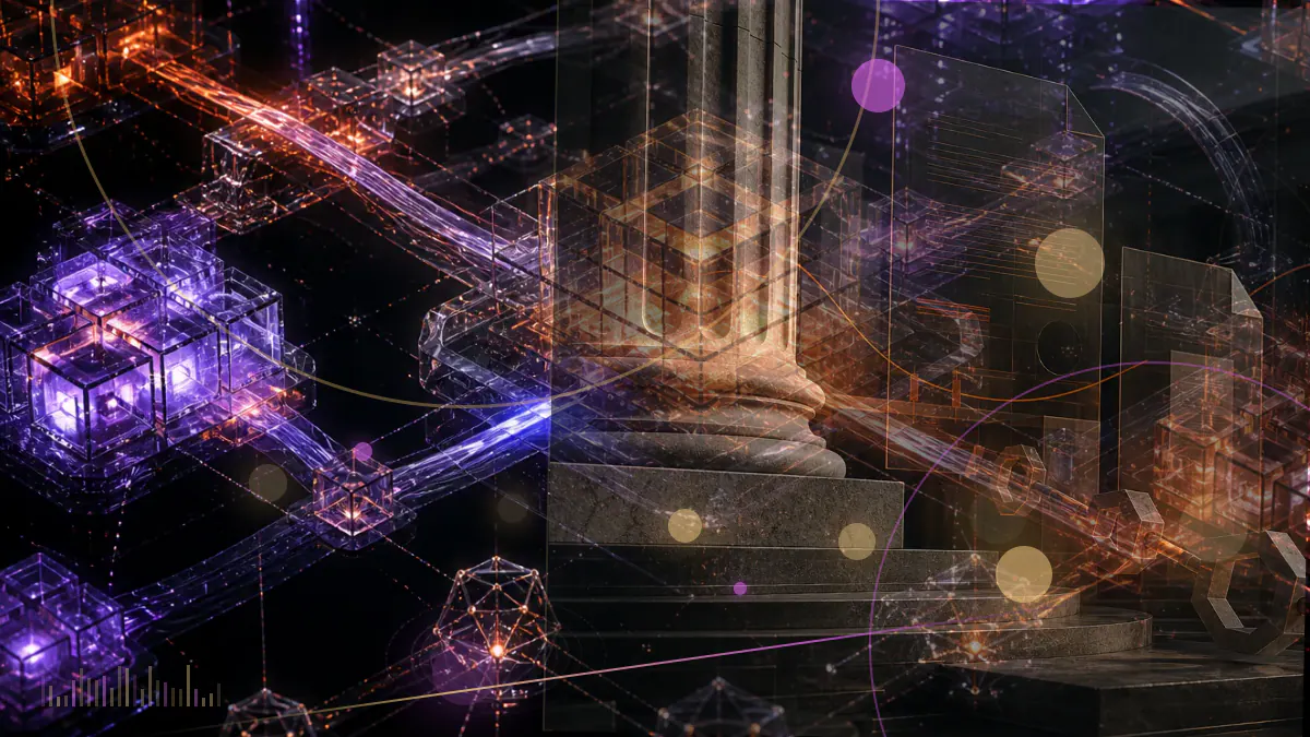 Conceptual illustration of an Oregon state legal filing confronting a cryptocurrency exchange ledger