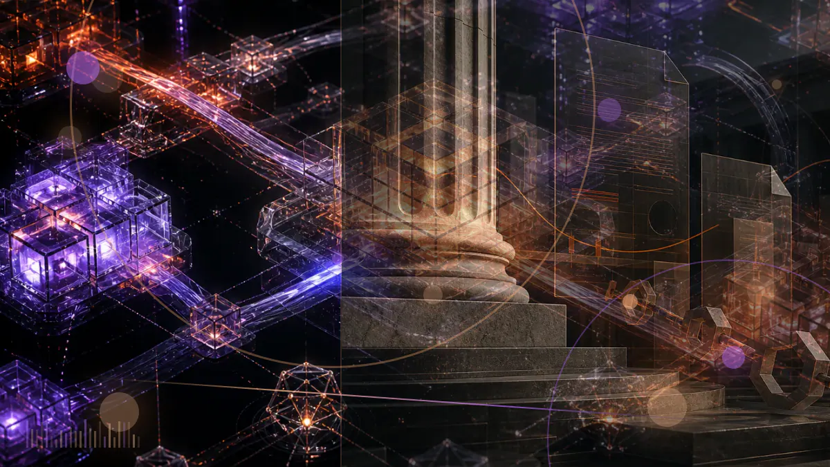 Conceptual illustration of an executive chair changing hands above interconnected retail, blockchain and digital-securities networks