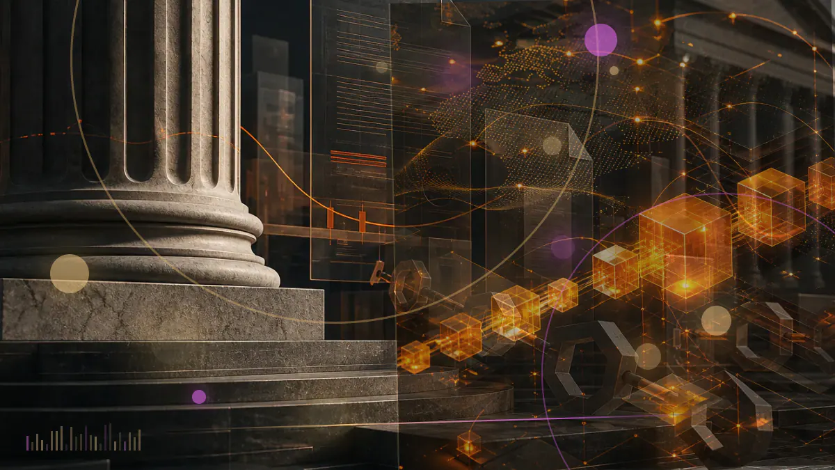 Conceptual illustration of the SEC seal beside a Senate committee voting panel and abstract digital-asset ledger forms