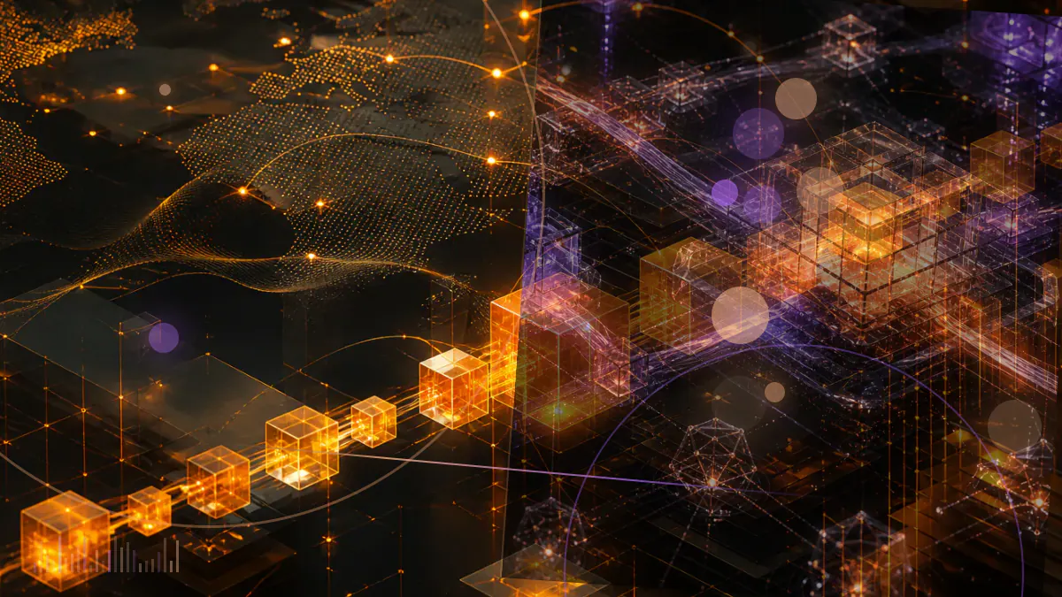 Conceptual illustration of distributed Pi Network nodes completing a coordinated protocol upgrade