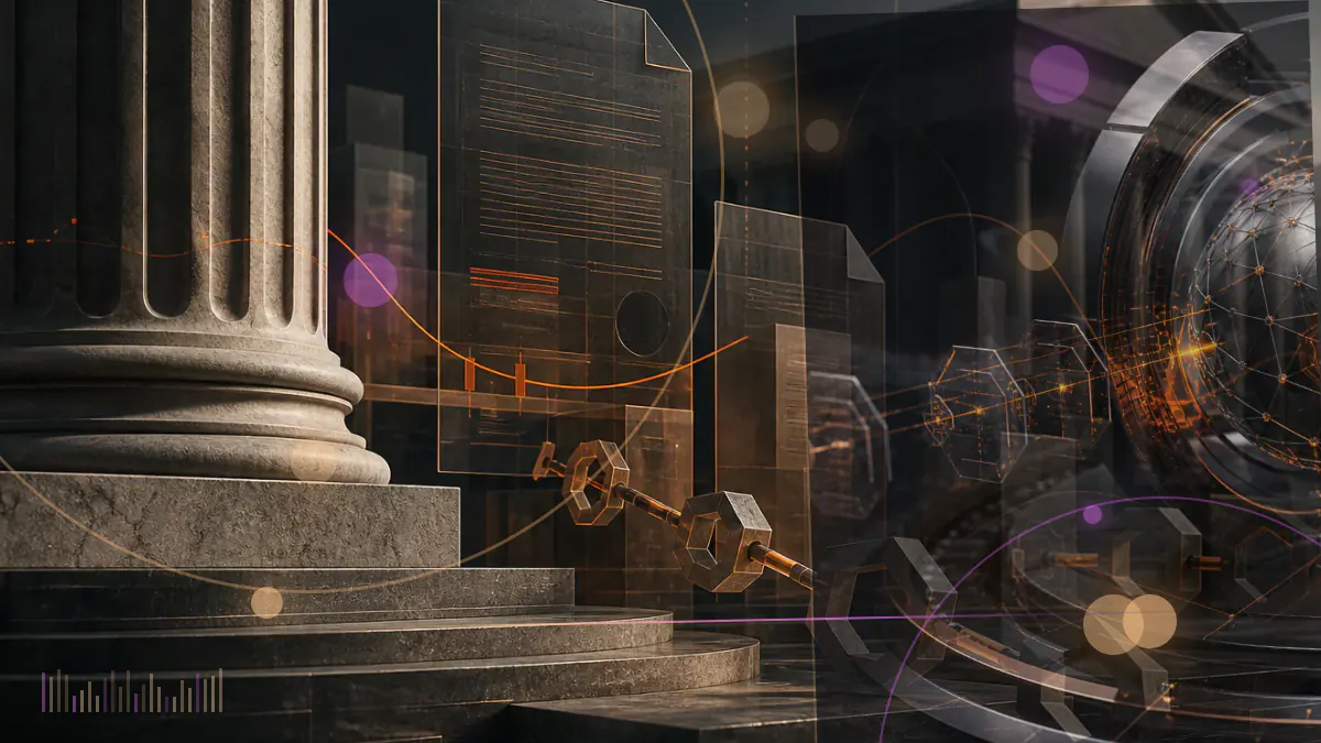 Conceptual illustration of a court judgment placed between the Poloniex exchange and the remains of a cryptocurrency custody business