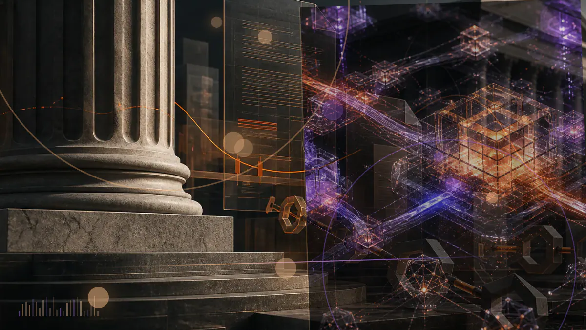Conceptual prediction-market contract chart repricing after a major political event, with blockchain nodes and election imagery
