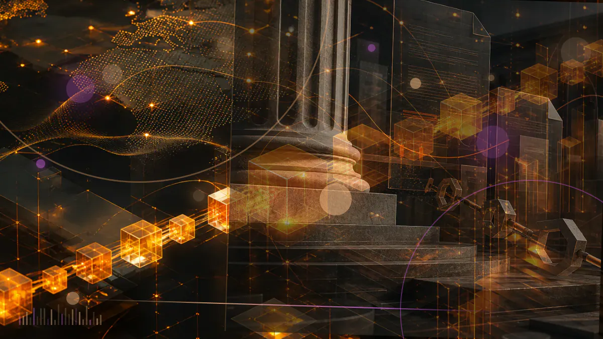 Conceptual illustration of a Bitcoin symbol weighed against a gold bar before the columns of a central bank