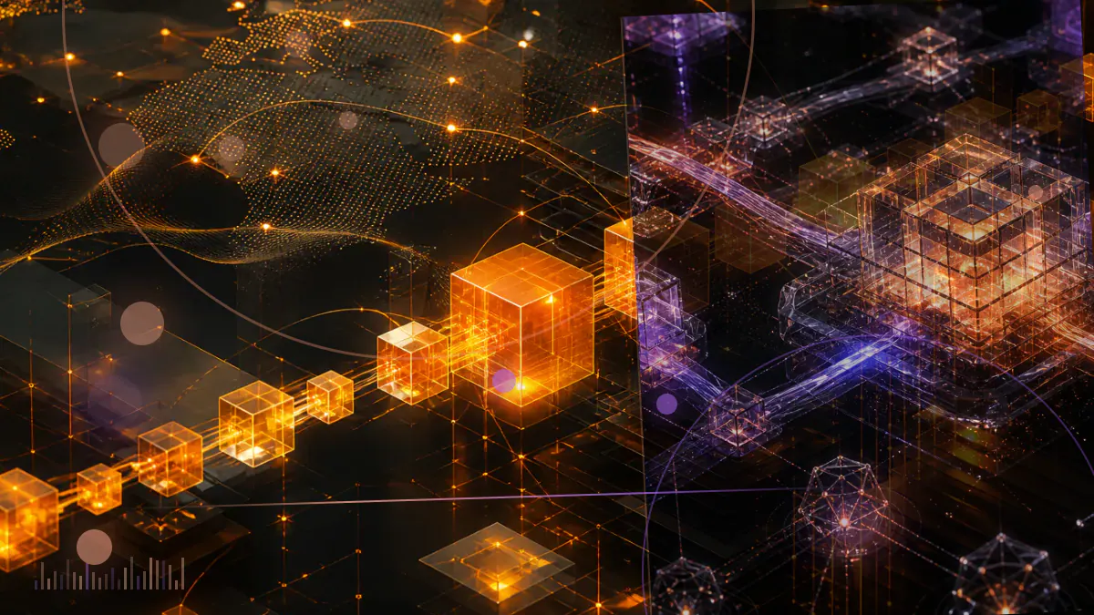 Conceptual illustration of cryptocurrency networks and dollar stablecoins separated by a U.S. regulatory boundary