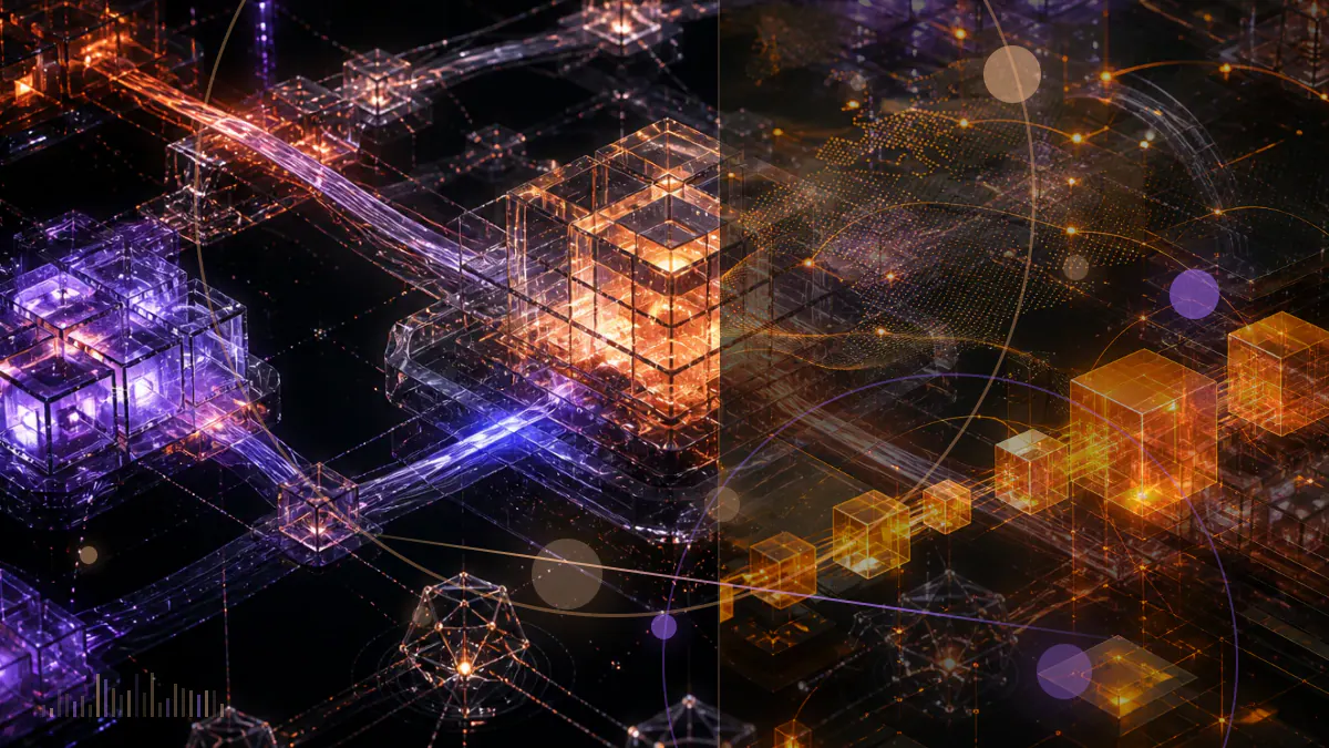 Conceptual illustration of four central-bank digital-currency networks converging on a shared cross-border settlement ledger