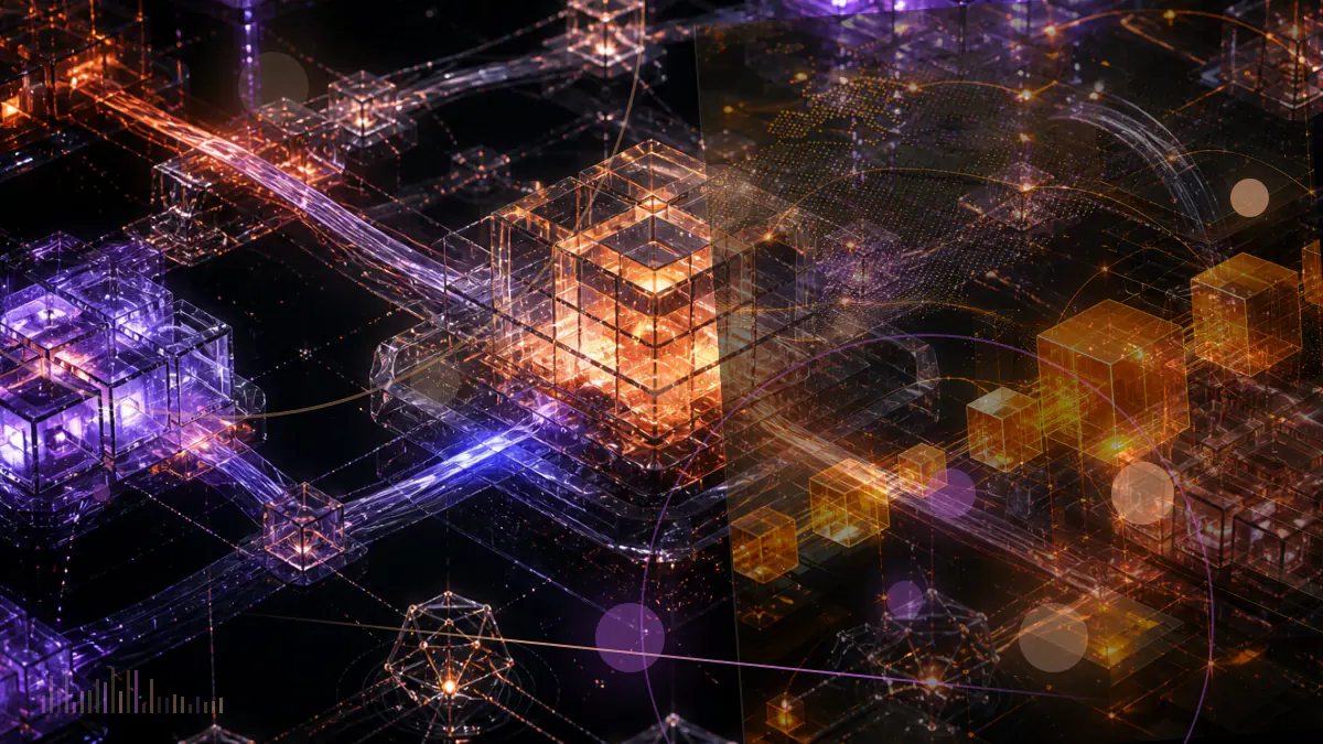 Conceptual decentralized storage network with a dimmed cluster of infrastructure nodes representing workforce reductions