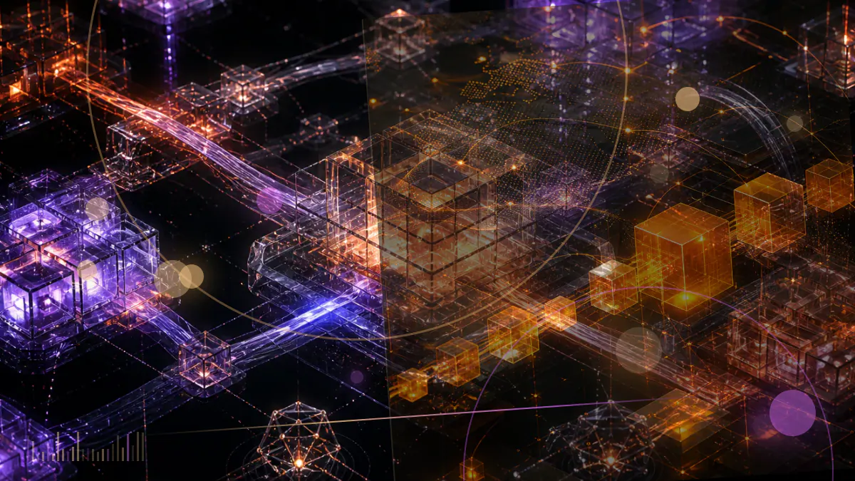 Conceptual illustration of interconnected European bank buildings surrounding a euro-denominated digital token on a blockchain network