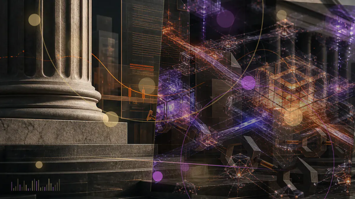 Conceptual illustration of Indian banking and payment rails separating from a network of virtual-currency exchanges