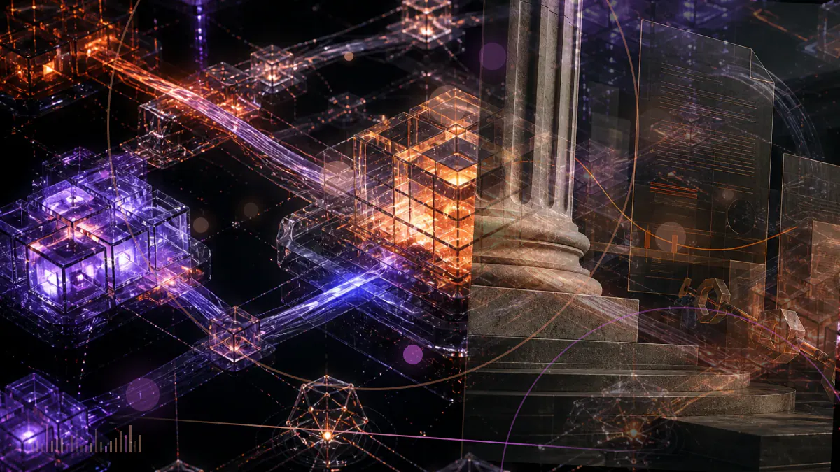 Conceptual illustration of a crypto-focused bank being enclosed by federal and state regulatory controls during liquidation