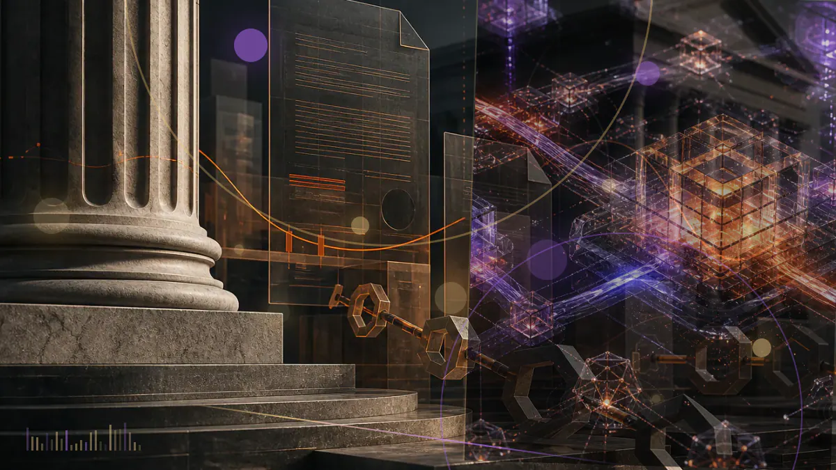 Conceptual illustration of a United States political platform beside a bitcoin symbol, a mining node and a self-custody key
