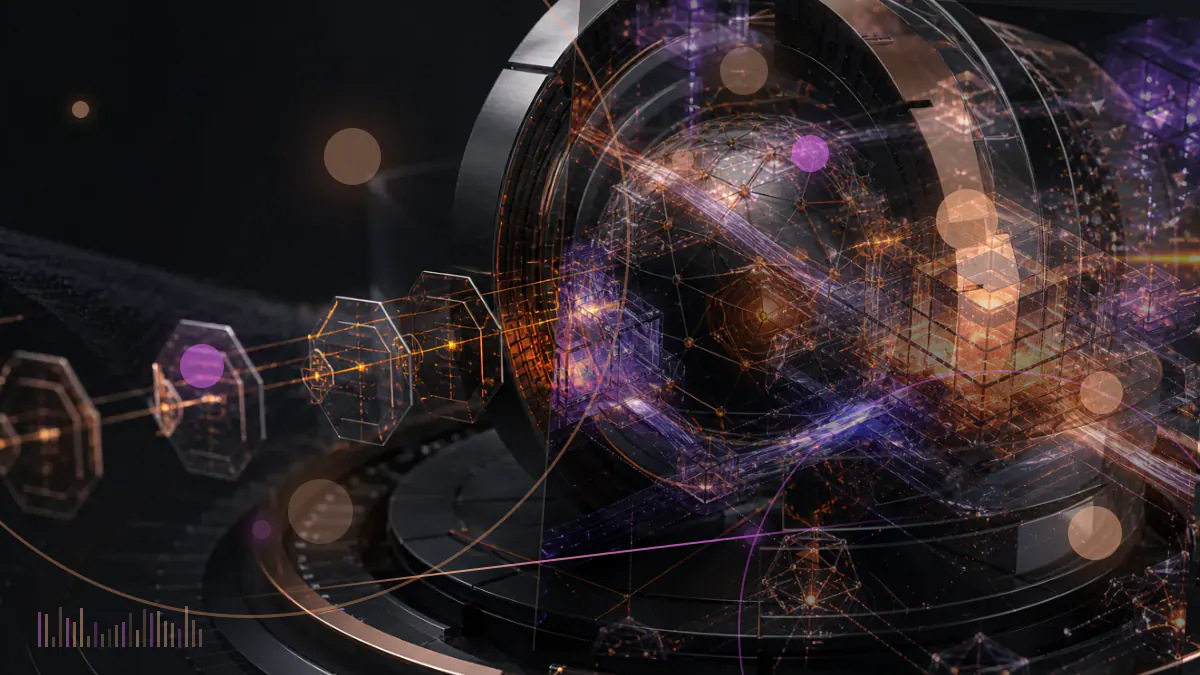 Conceptual illustration of a bitcoin mining campus being converted into a large AI data center beneath electrical transmission lines