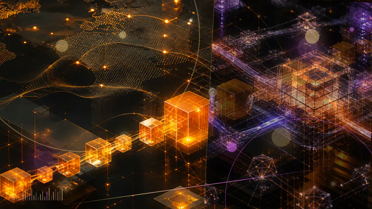 Conceptual illustration of an industrial Bitcoin mining facility and a corporate acquisition ledger