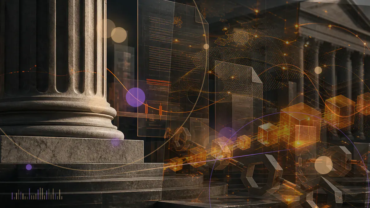Conceptual illustration of institutional trading rails linking a prime brokerage desk with stablecoin and blockchain settlement networks