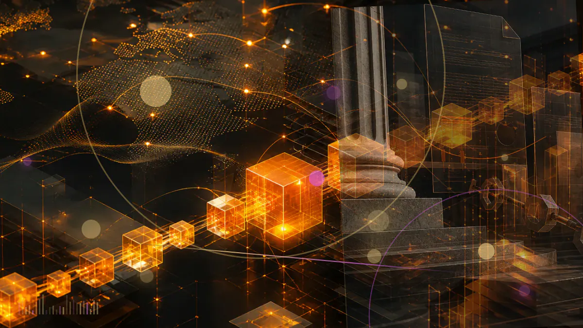 Conceptual illustration of a courthouse order separating bank records from an XRP ledger network