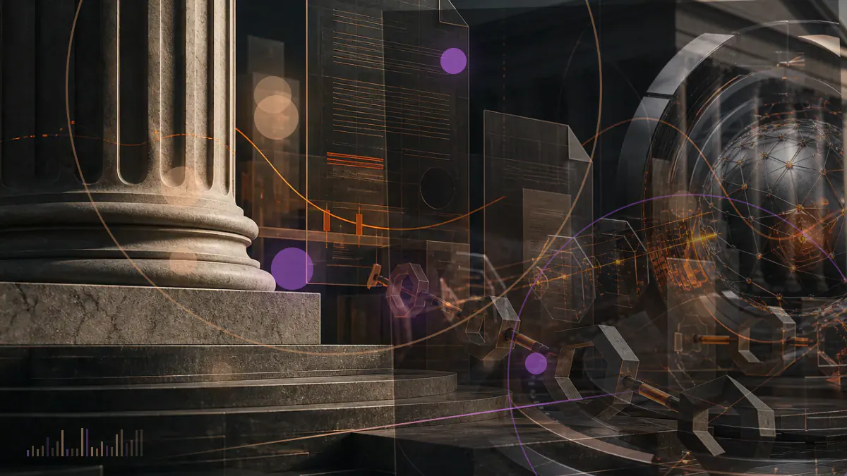 Conceptual illustration of regulated trust infrastructure connecting Ripple payment rails with institutional digital assets