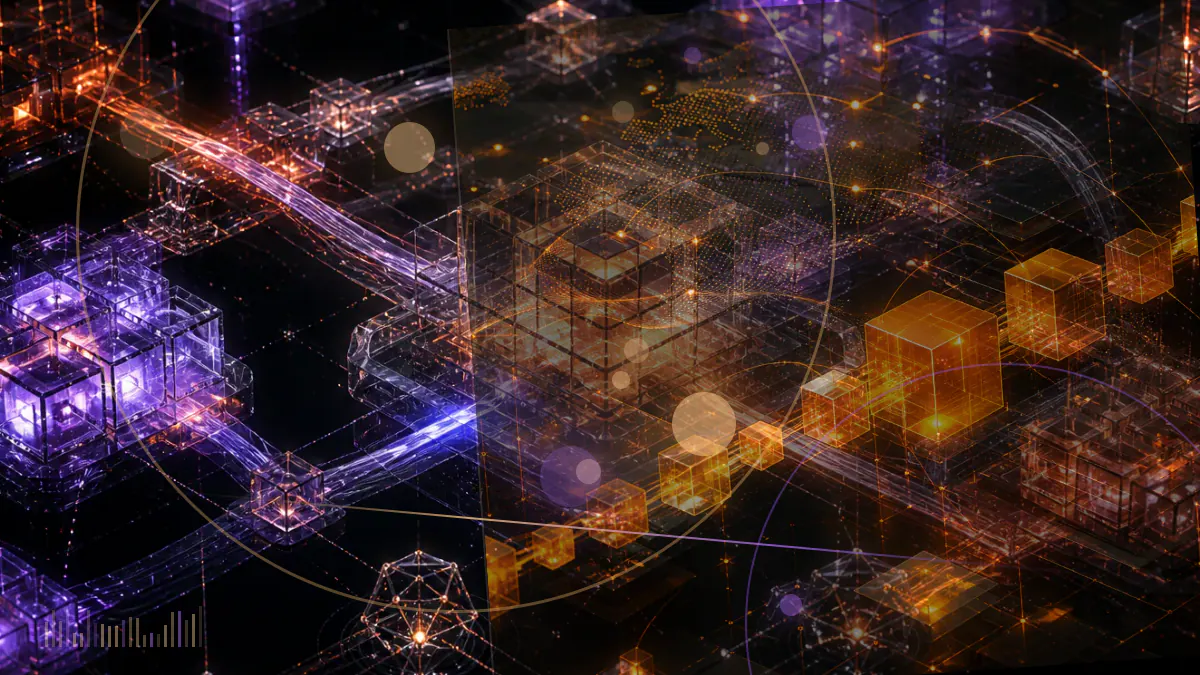 Conceptual illustration of an AI agent connected to a blockchain execution network and token ledger; not an on-chain visualization.