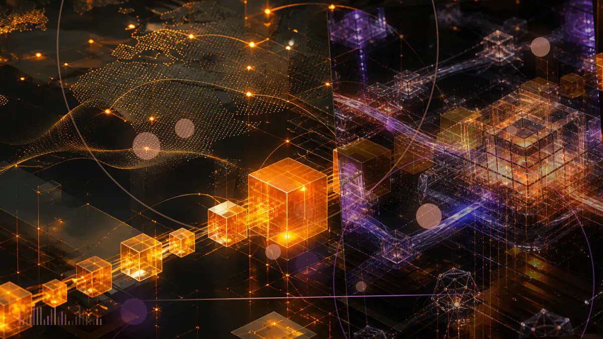 Conceptual illustration of tokenized equity certificates moving through an Ethereum layer-two ledger and market-data grid