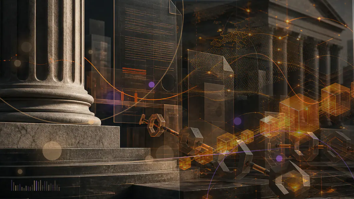 Conceptual illustration of a regulatory document overlaying a cryptocurrency trading and custody interface