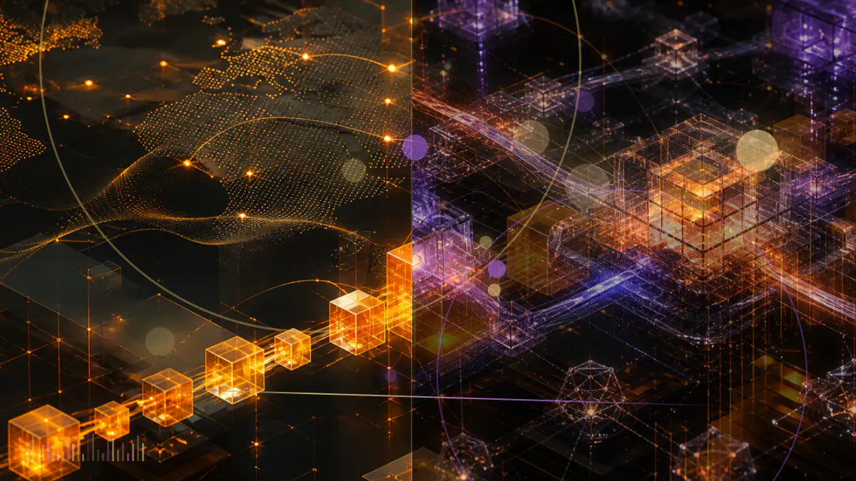 Conceptual illustration of tokenized U.S. stock certificates entering an Arbitrum network while a separate Robinhood layer-two chain is assembled