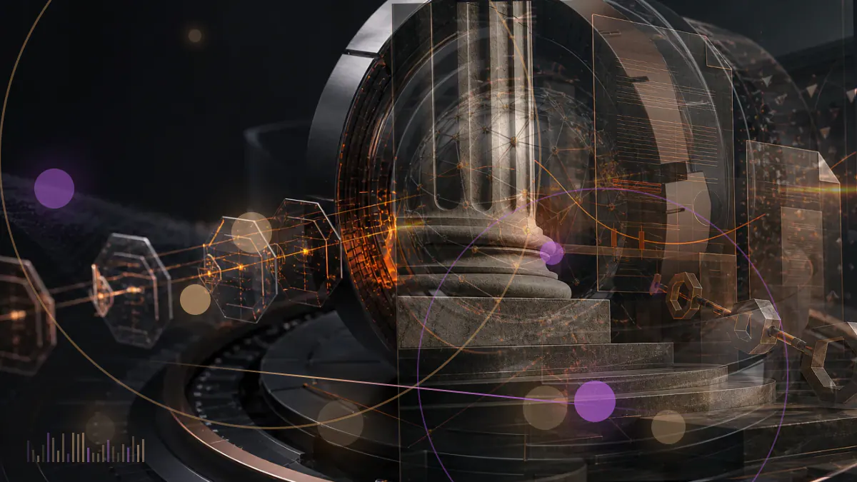 Conceptual illustration of cryptocurrency mining equipment and digital coins incorporated into a Russian tax ledger