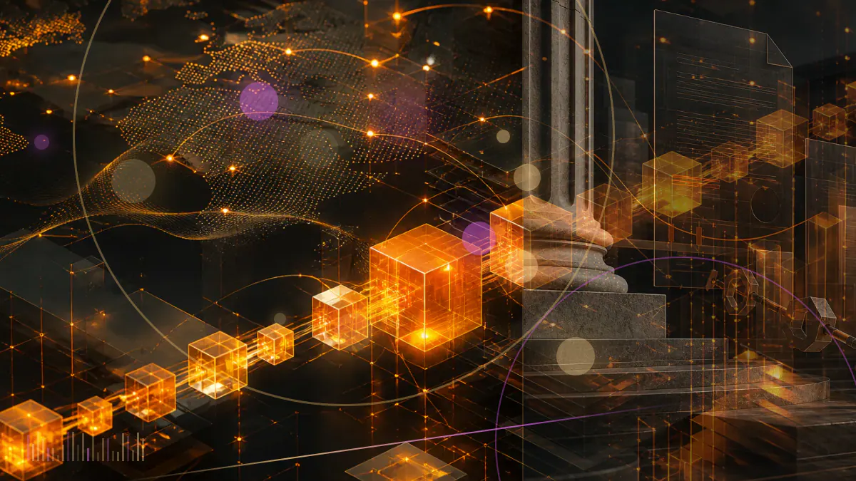 Conceptual illustration of bitcoin transaction paths connecting computer servers, domain records and a federal court filing