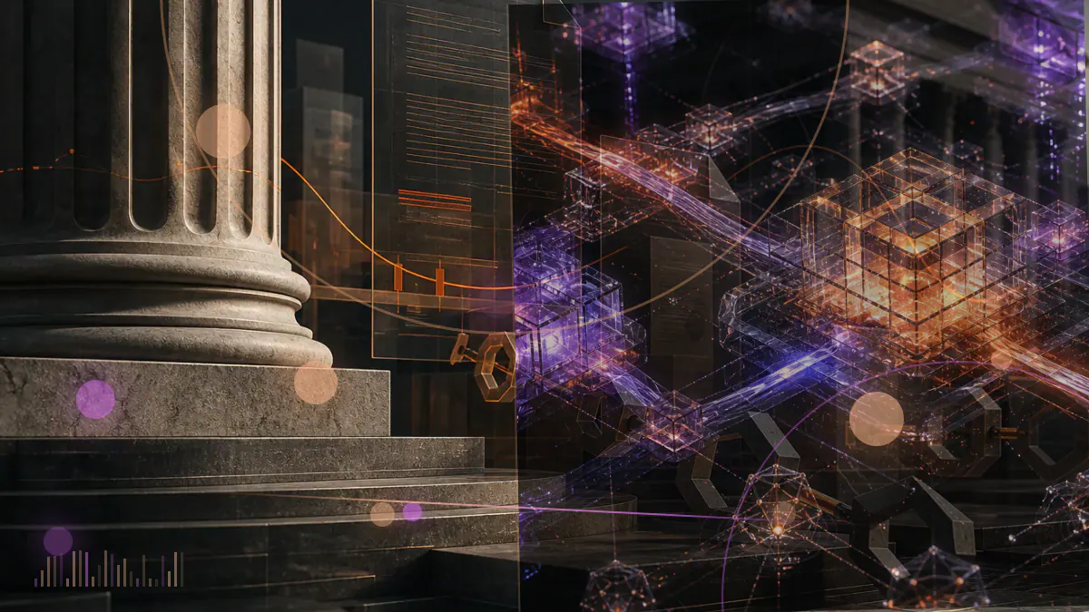 Conceptual illustration of interconnected enterprise records flowing between a CRM dashboard and a permissioned blockchain network