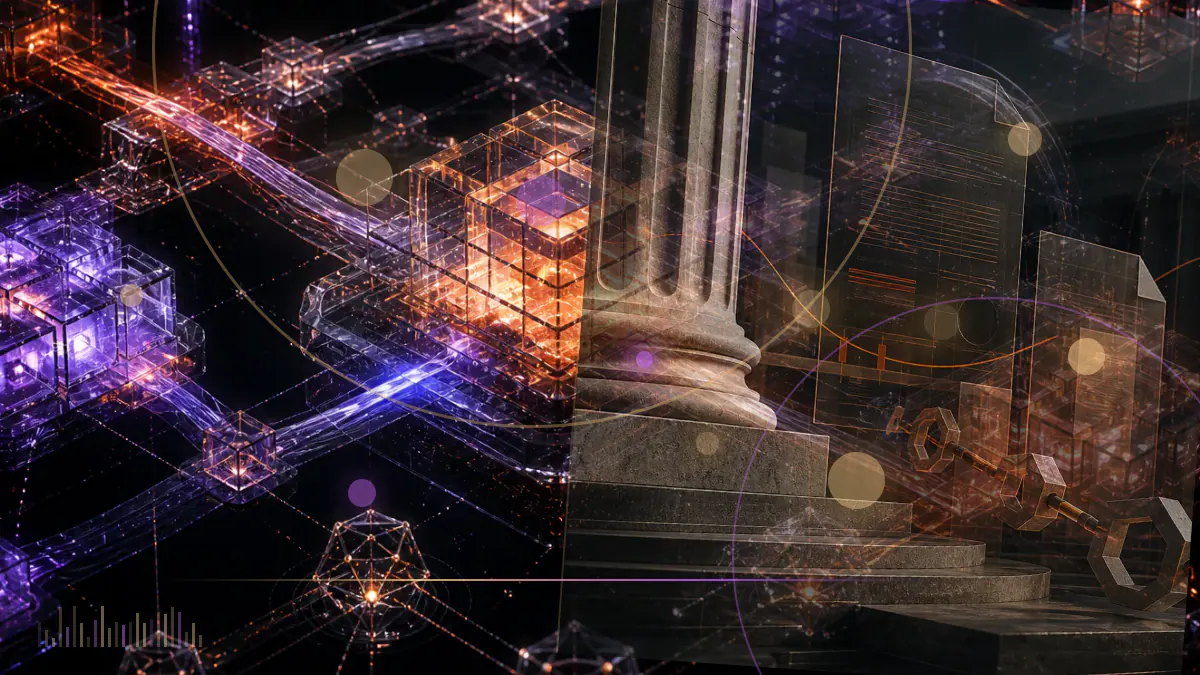 Conceptual illustration of a federal detention order over a darkened FTX exchange ledger and courthouse columns