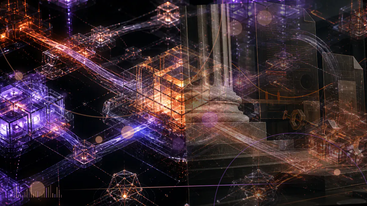 Conceptual illustration of seven illuminated verdict marks above a darkened cryptocurrency exchange ledger and federal courthouse columns