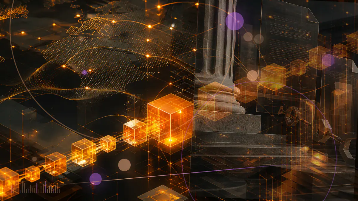 Conceptual illustration of a darkened cryptocurrency exchange ledger behind courthouse columns