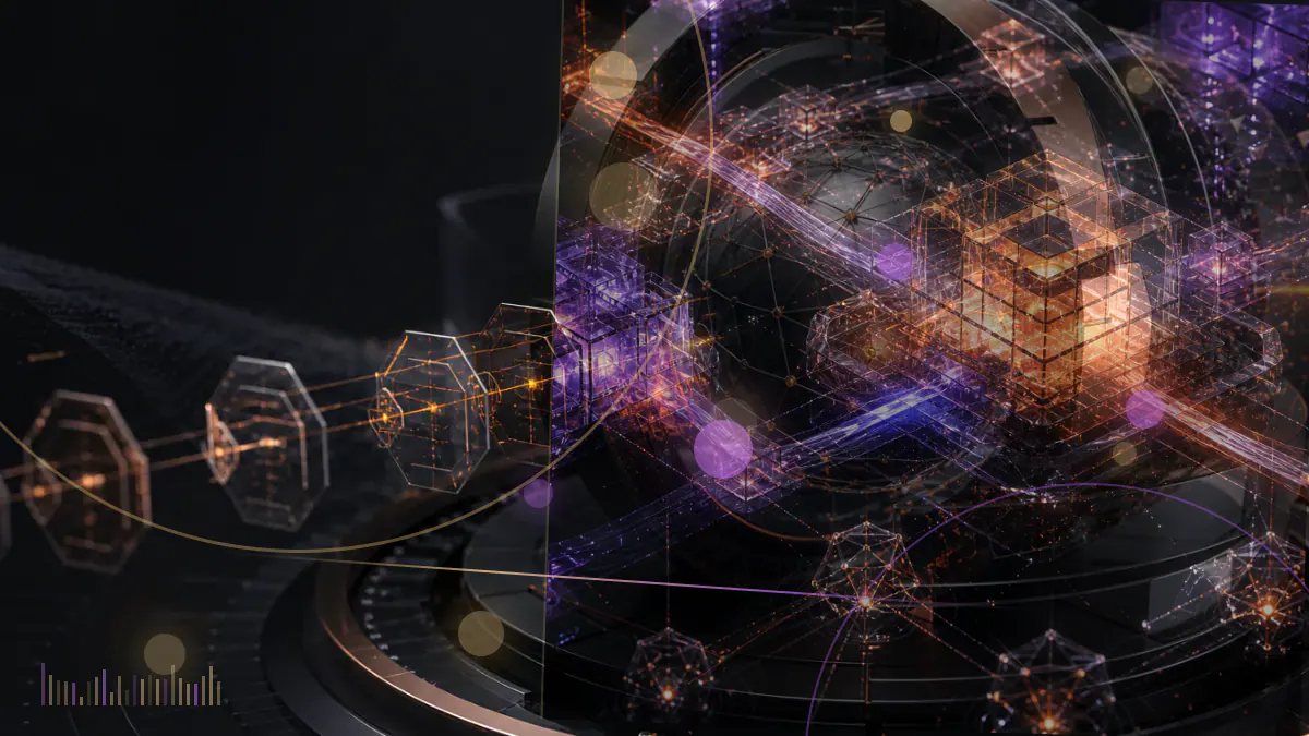 Conceptual smart television displaying tokenized digital artworks alongside abstract blockchain nodes