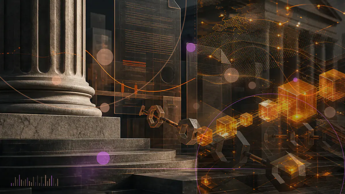 Conceptual illustration of a severed institutional acquisition link between a bank building and a cryptocurrency exchange