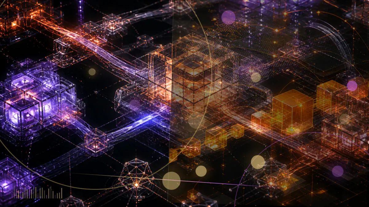 Conceptual illustration of solana, avalanche and chainlink assets entering a traditional financial trading interface