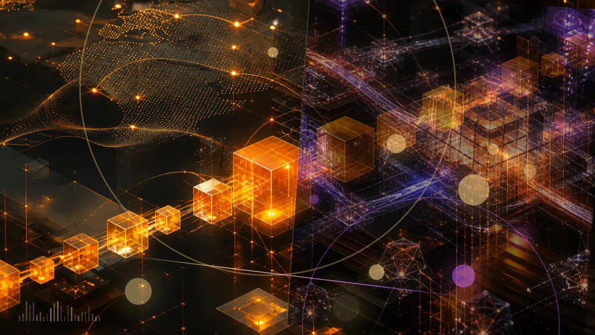Conceptual illustration of a regulatory forum linking a government building, digital tokens and a distributed-ledger network